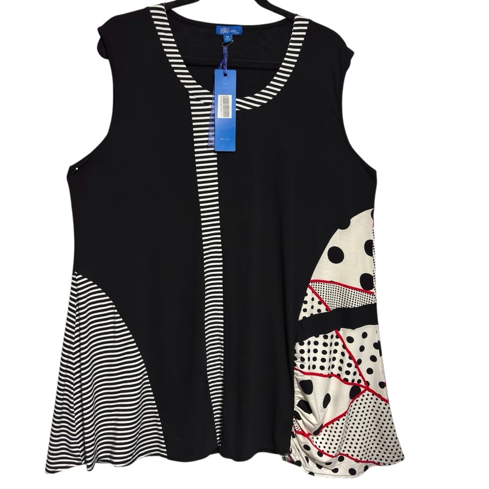 Aster by Firmiana 3X Tunic Top Sleeveless mixed media black white red polka dot